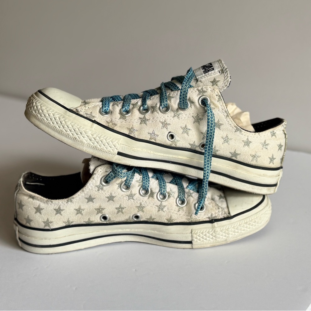 Converse All Star Women's Silver Star Chucks w/Teal Blue Laces - White & Blue 8 - Picture 2 of 6